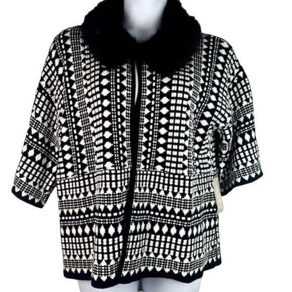 NWT Chico's Black & White Knit Cardigan Sweater Removable Faux Fur Collar XL - Picture 4 of 13